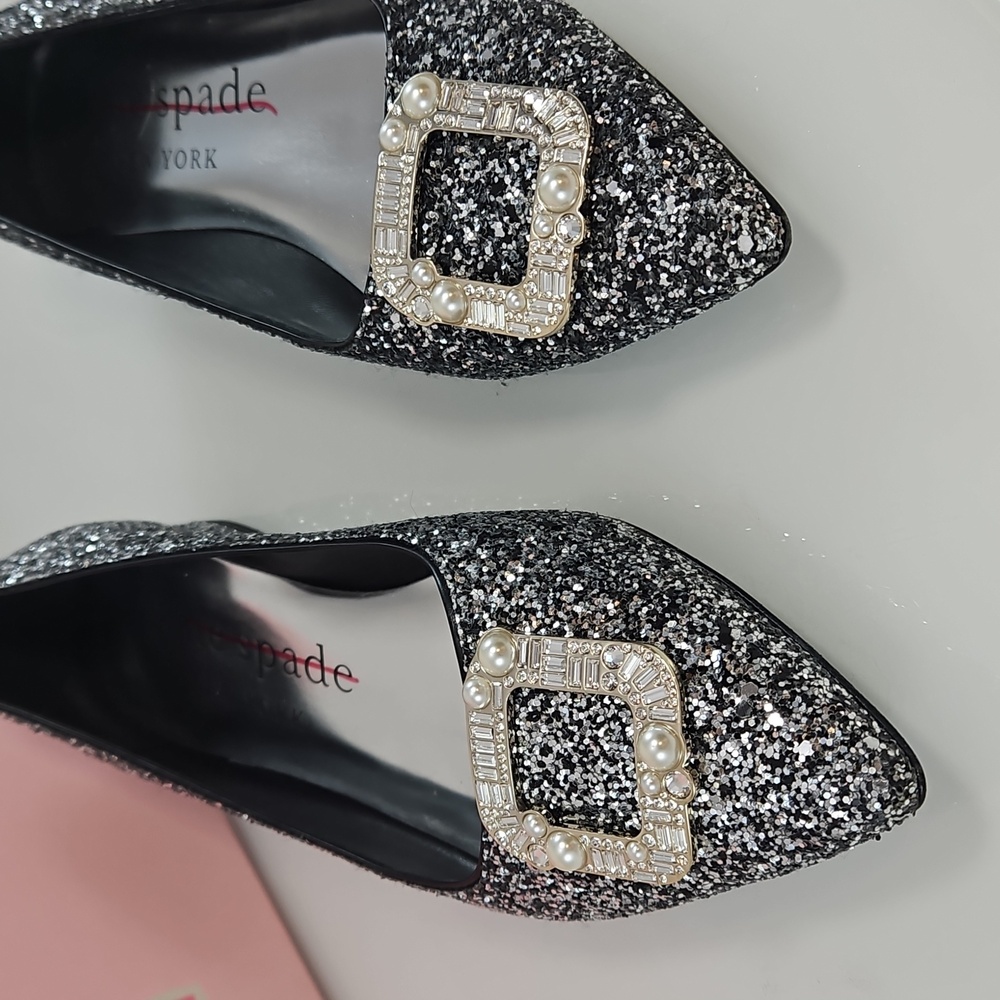 Kate Spade Silver Buckle Up Glitter Flats Size 38.5 - Picture 7 of 16